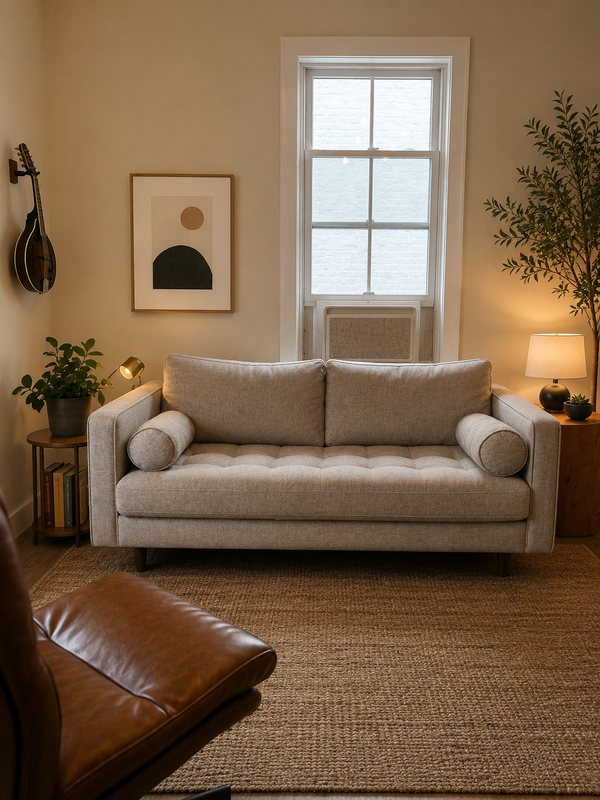 Suzette Cook’s therapy office, with a sofa, lamp and plants